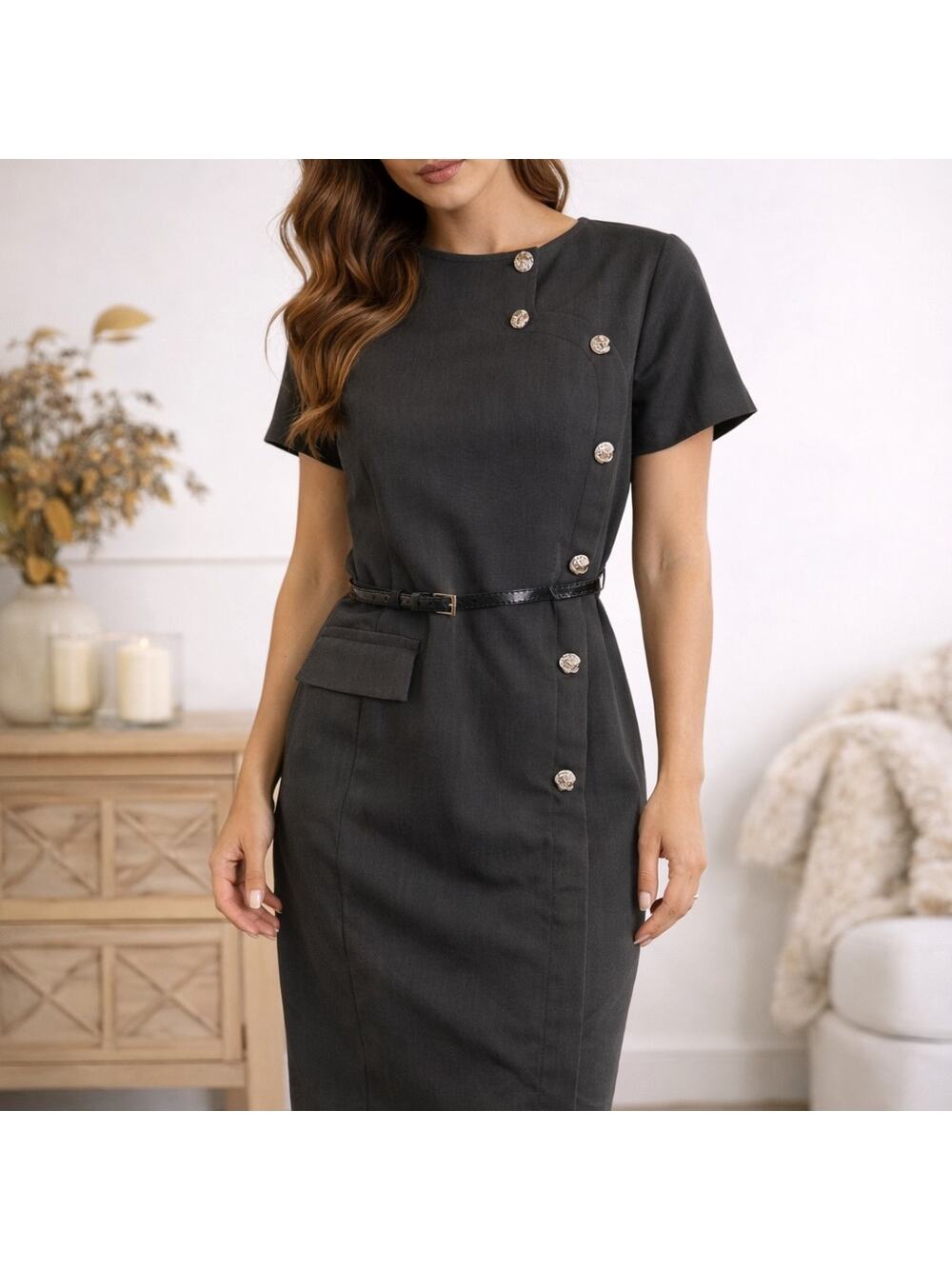 Marina Kaneva Gray Button Front Midi Pencil Dress Belted Sz 12 NWT